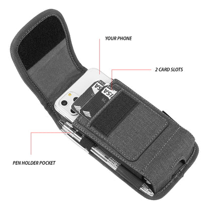 For Samsung Galaxy A23 5G Universal Vertical Fabric Case Holster with Dual Credit Card Slots, Belt Loop & Carabiner Carrying Phone Pouch [Black]