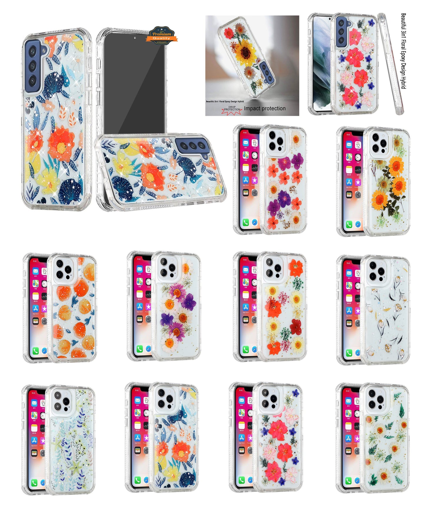 For Apple iPhone 14 Pro Max (6.7") Sparkle Glitter Floral Epoxy Design Shockproof Hybrid Fashion Bling Rubber  Phone Case Cover