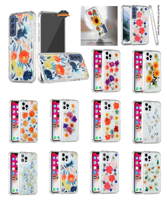 For Apple iPhone 14 Pro Max (6.7") Sparkle Glitter Floral Epoxy Design Shockproof Hybrid Fashion Bling Rubber  Phone Case Cover