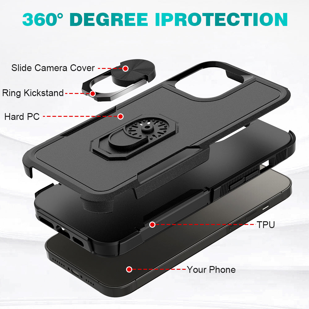 For Apple iPhone 14 Pro Max (6.7") Hybrid Rugged Hard Drop-Proof 3 Layer Protection Military Grade with Metal Ring Stand  Phone Case Cover