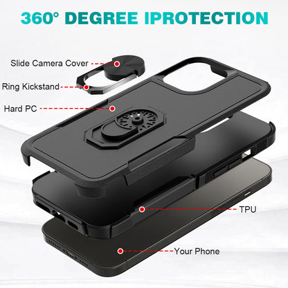 For Apple iPhone 14 Pro Max (6.7") Hybrid Rugged Hard Drop-Proof 3 Layer Protection Military Grade with Metal Ring Stand  Phone Case Cover