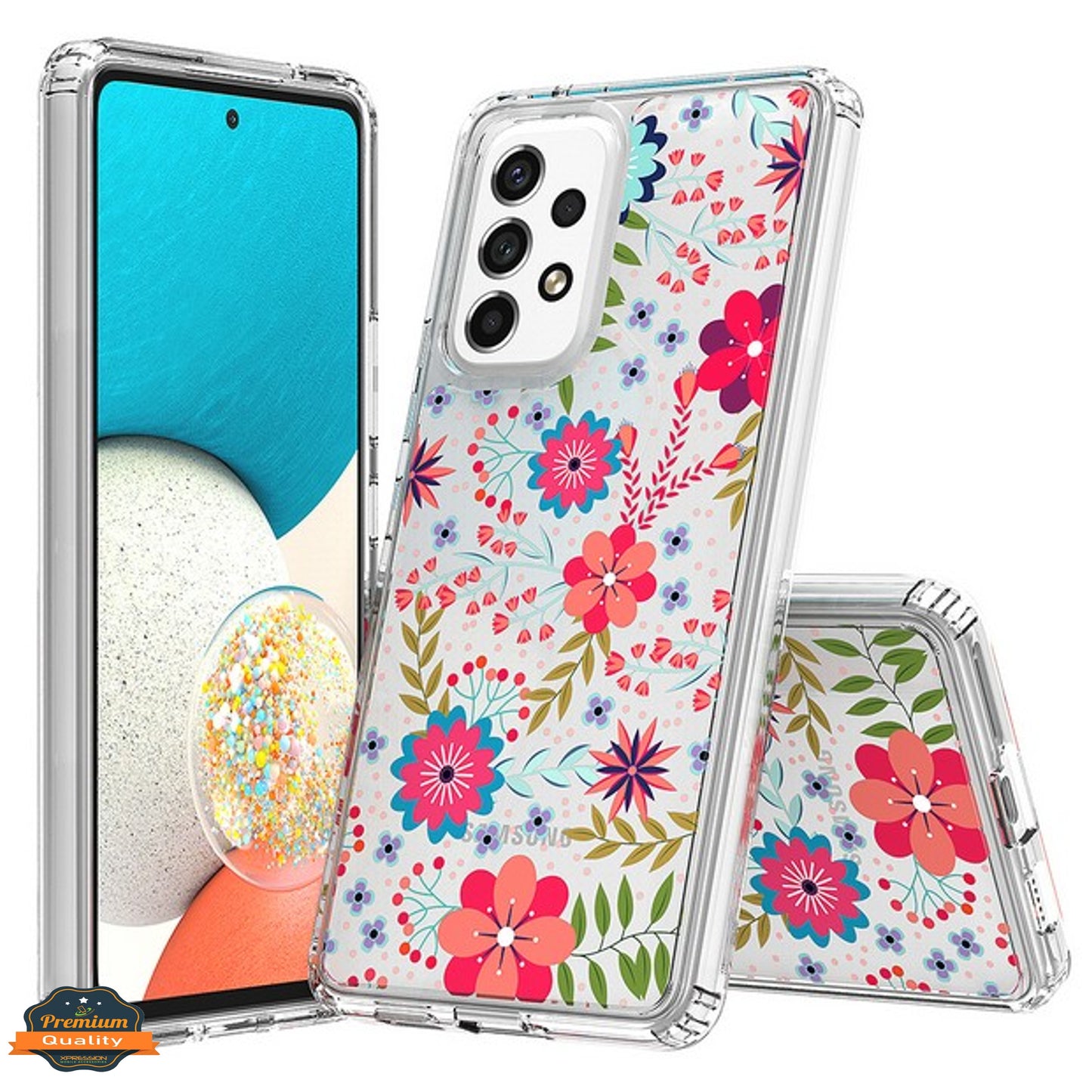 For Samsung Galaxy A23 5G Floral Patterns Design Transparent TPU Silicone Shock Absorption Bumper Hard PC Back  Phone Case Cover