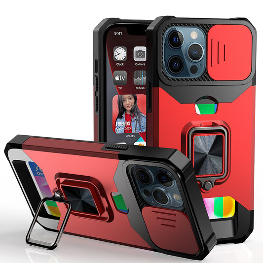 For Apple iPhone 14 Pro (6.1") Wallet Case with Ring Stand & Slide Camera Cover Credit Card Slot Holder, Military Grade Red Phone Case Cover