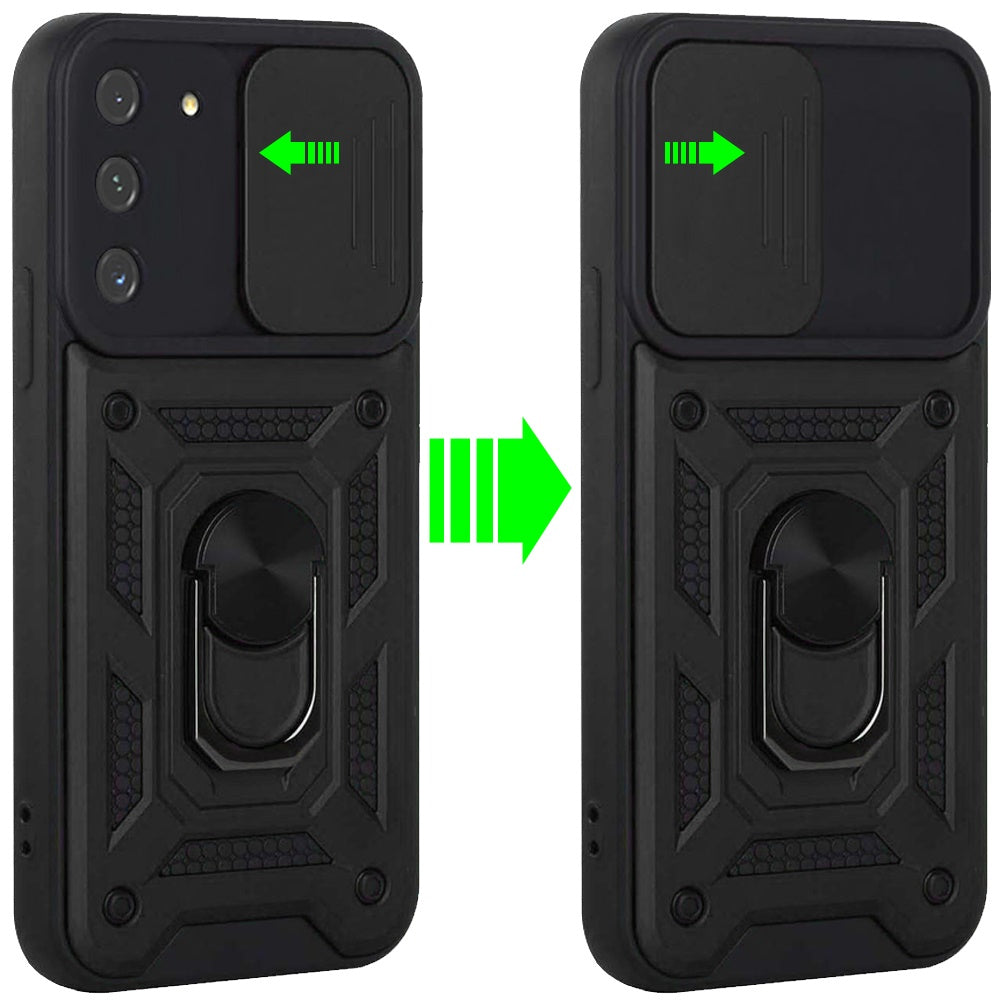 For Samsung Galaxy S22 /Plus Ultra Hybrid Cases with Slide Camera Lens Cover and Ring Holder Kickstand Rugged Dual Layer Heavy Duty  Phone Case Cover