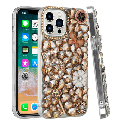 For Apple iPhone 8 Plus/7 Plus/6 6S Plus Bling 3D Full Diamonds Luxury Sparkle Rhinestone Hybrid Protective Gold Five Ornament Floral Phone Case Cover