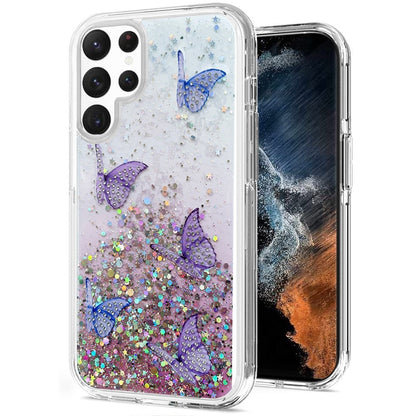 For Samsung Galaxy S22 Ultra Butterflies Glitter Bling Shiny Sparkle Glittering Flake Hybrid Hard PC TPU Silicone Slim  Phone Case Cover