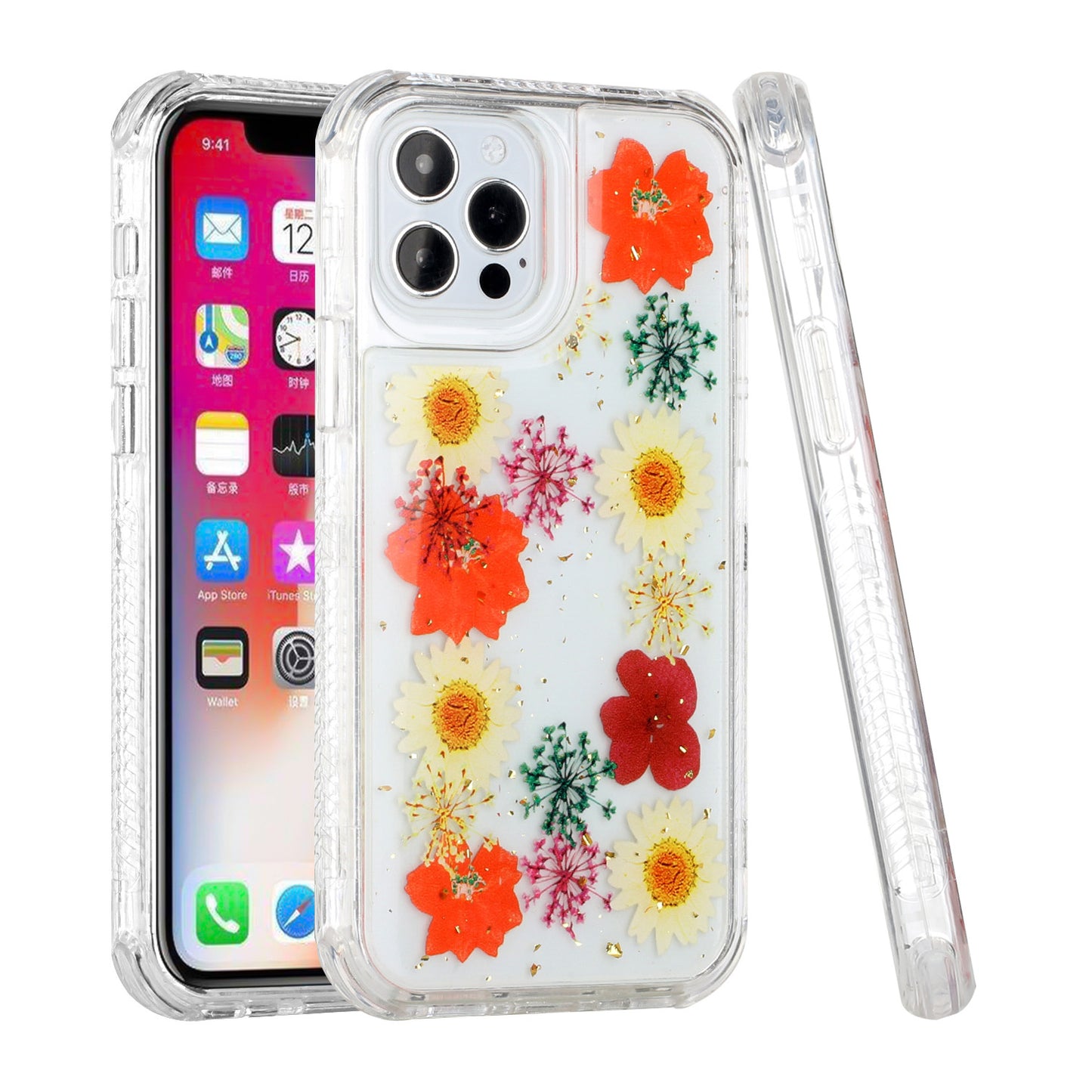 For Apple iPhone 14 (6.1") Sparkle Glitter Floral Epoxy Design Shockproof Hybrid Fashion Bling Rubber TPU Hard  Phone Case Cover