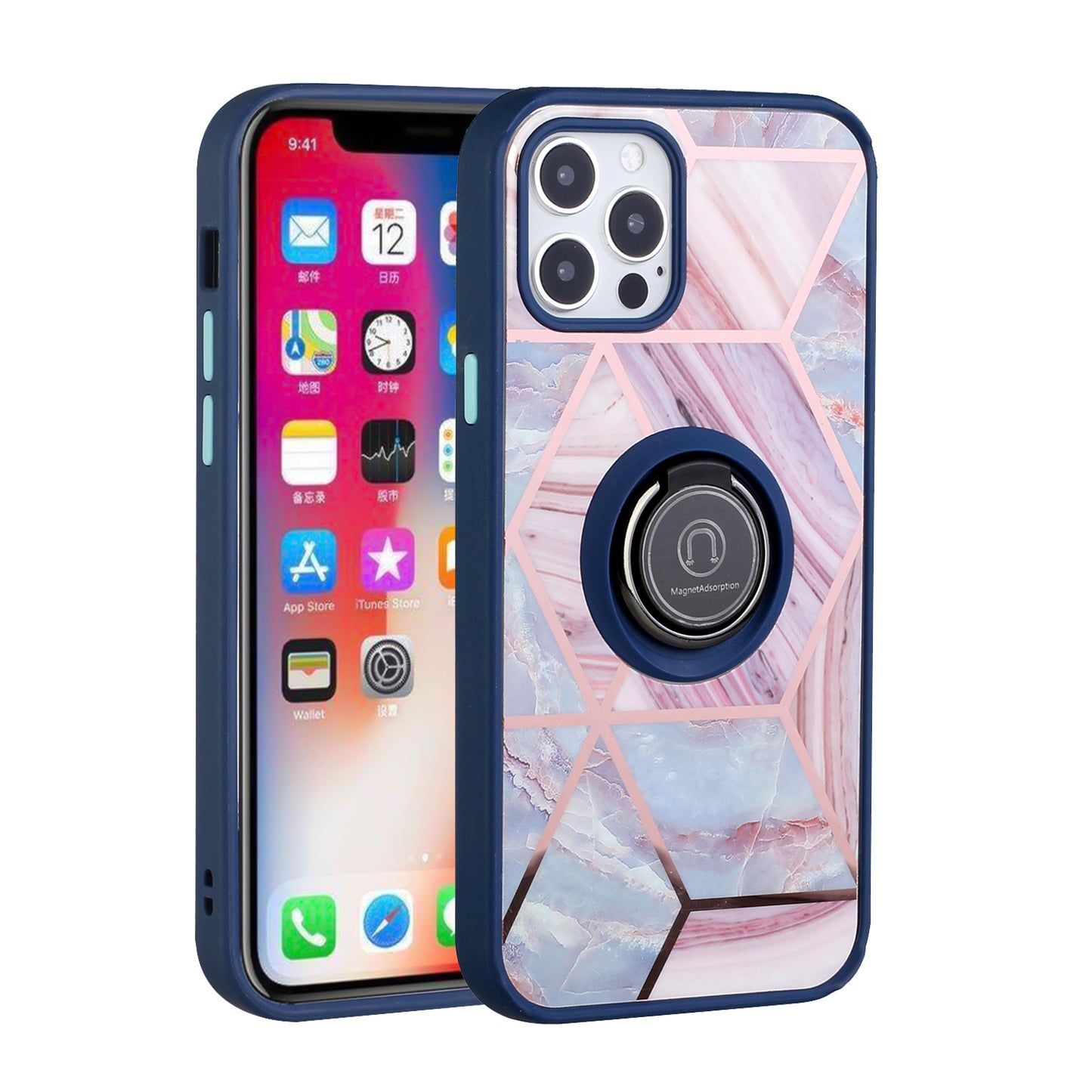For Apple iPhone 14 Pro Max (6.7") Unique Marble Design with Magnetic Ring Kickstand Hybrid TPU Hard Shockproof  Phone Case Cover