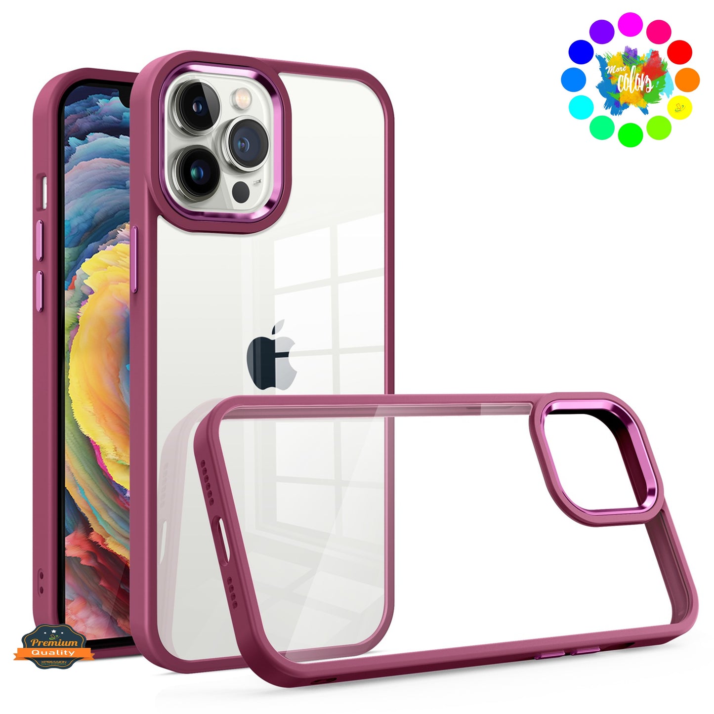 For Apple iPhone 14 Pro (6.1") Slim Fit Hybrid Transparent Thick Acrylic with Metal Buttons Frame Protective  Phone Case Cover