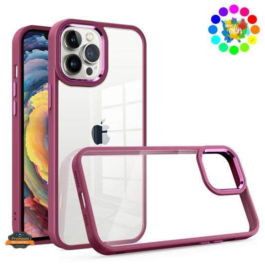 For Apple iPhone 14 Pro (6.1") Slim Fit Hybrid Transparent Thick Acrylic with Metal Buttons Frame Protective  Phone Case Cover