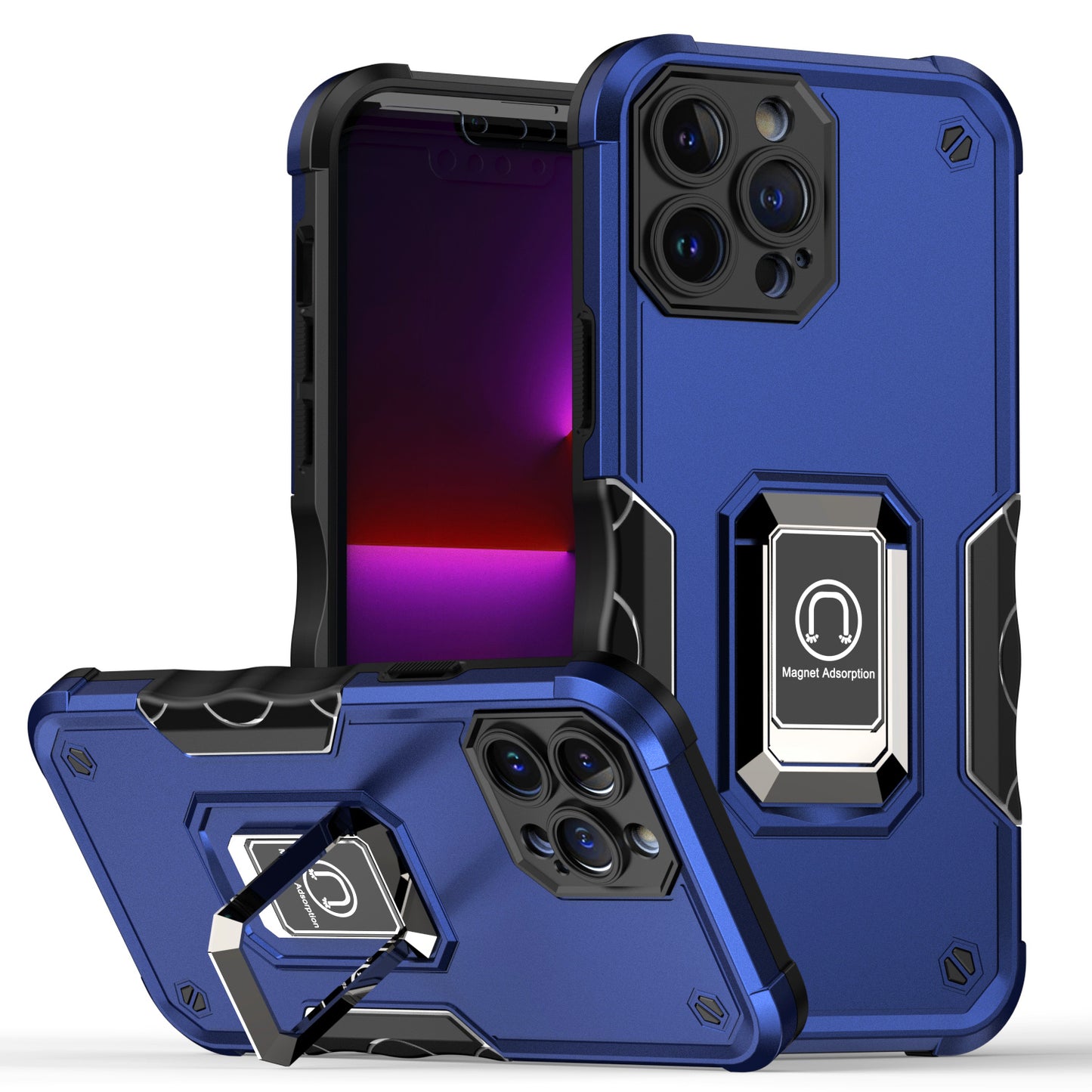 For Apple iPhone 14 Pro (6.1") Hybrid Cases with Magnetic Ring Holder Stand Kickstand Heavy Duty Rugged Shockproof Blue Phone Case Cover