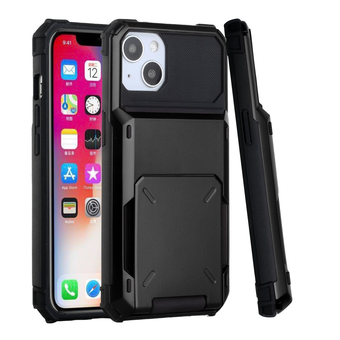 For Apple iPhone 14 Pro (6.1") Multiple Wallet Hidden Credit Card Holder (Upto 5 Cards) Shockproof Hybrid Armor Durable Black Phone Case Cover