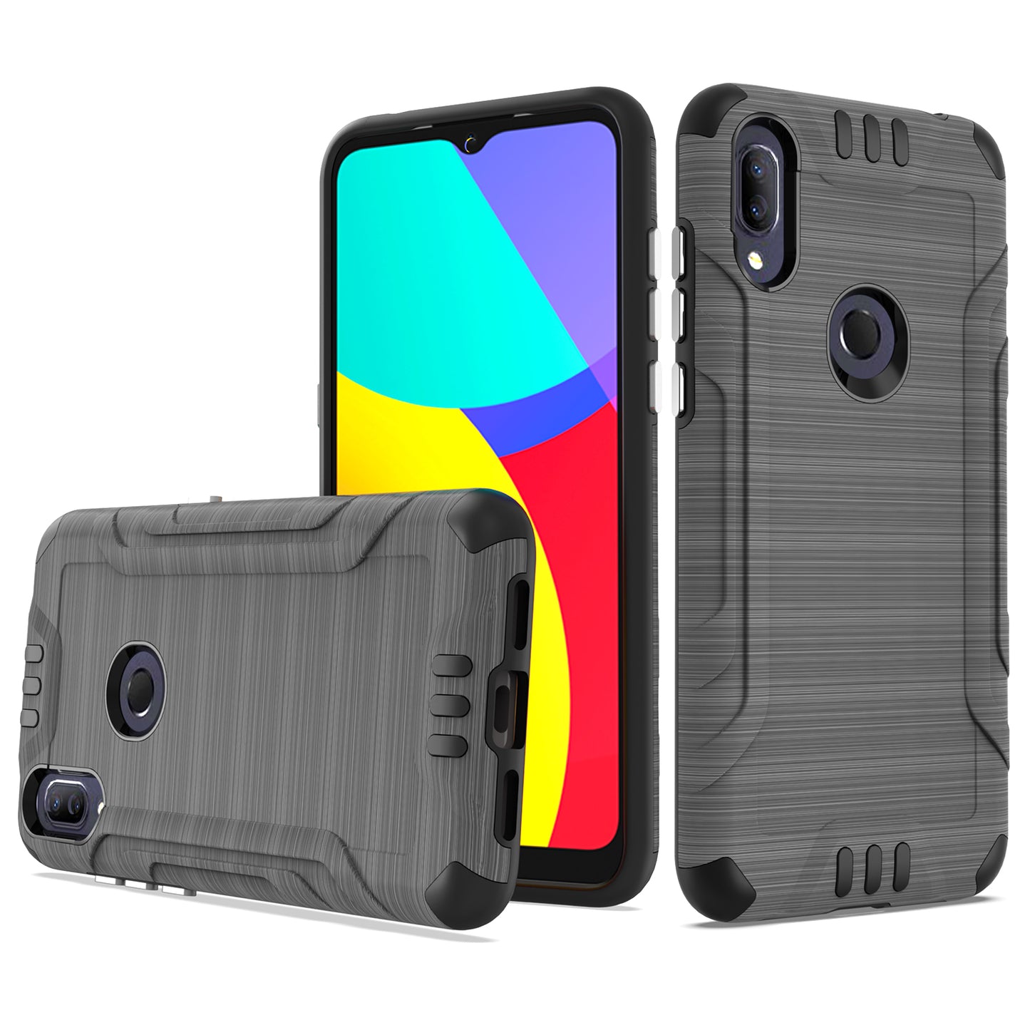 For AT&T Maestro 3 Hybrid Dual Layer Slim Metallic Brush Texture Hard PC TPU Rubber with Screen Protector Tempered Glass  Phone Case Cover