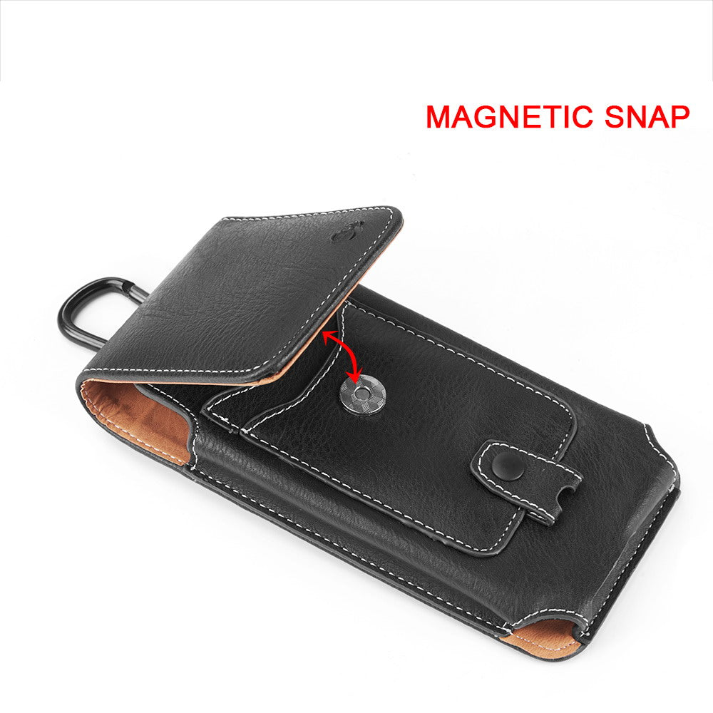 For Samsung Galaxy A23 5G Universal Vertical Leather Case Holster with Credit Card Holder, Belt Loop & Carabiner Carrying Phone Pouch [Black]