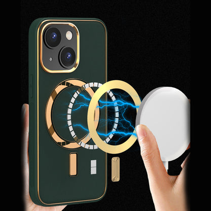 For Apple iPhone 14 /Plus Pro Max PU Leather MagSafe Compatible with Gold Trim & Raised Camera Protection Hybrid  Phone Case Cover