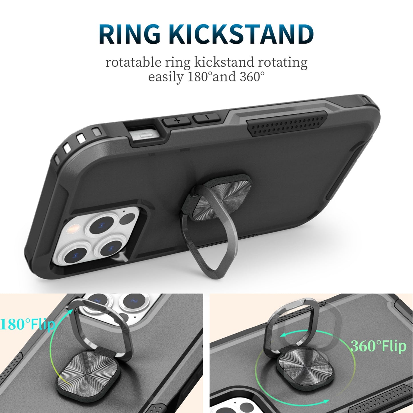 For Apple iPhone 14 Pro Max (6.7") Heavy Duty Magnetic Ring Kickstand Hybrid Shockproof Military-Grade Drop Protection Black Phone Case Cover