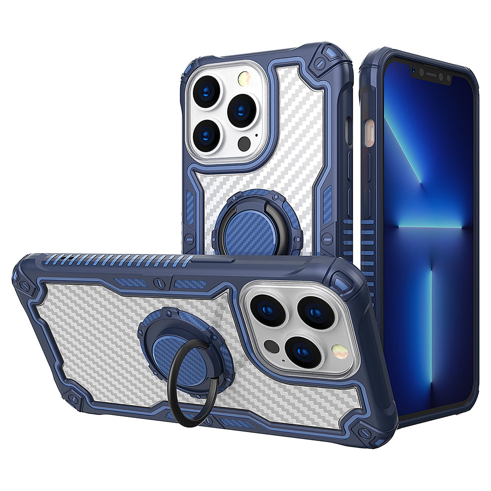 For Apple iPhone 13 /Pro Max Carbon Fiber Design [Military Grade Protection] with Ring Kickstand Shockproof Rugged Protective  Phone Case Cover