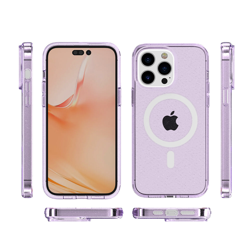 For Apple iPhone 14 Pro Max (6.7") Transparent Glitter Bling Sparkly Hybrid Hard PC TPU Grip Shockproof Compatible with MagSafe Purple Phone Case Cover