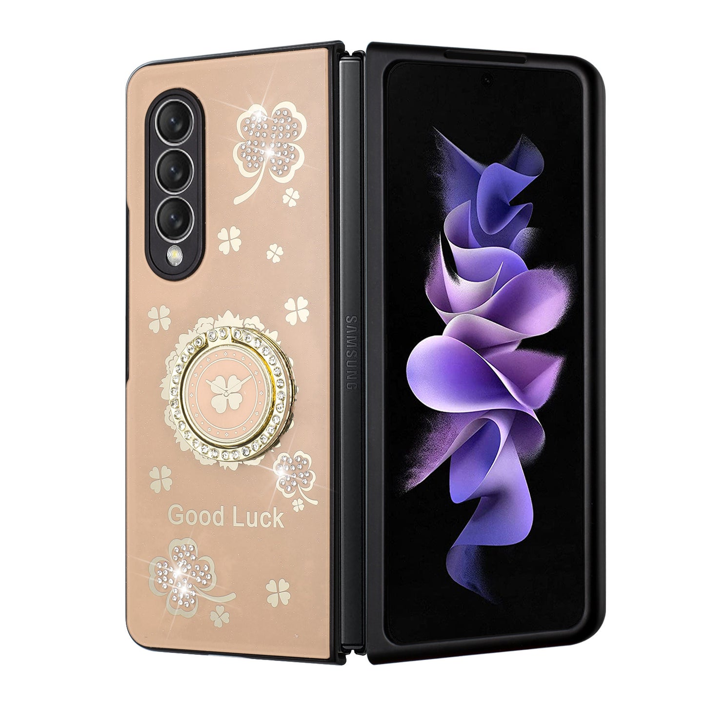 For Samsung Galaxy Z Fold 4 5G Diamond Bling Sparkly Glitter Ornaments Engraving Hybrid Ring Stand Fashion  Phone Case Cover