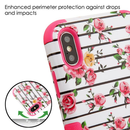 For Apple iPhone XS Max Stylish Hybrid Three Layer Hard PC Shockproof Heavy Duty TPU Rubber Anti-Drop Pink Roses Phone Case Cover