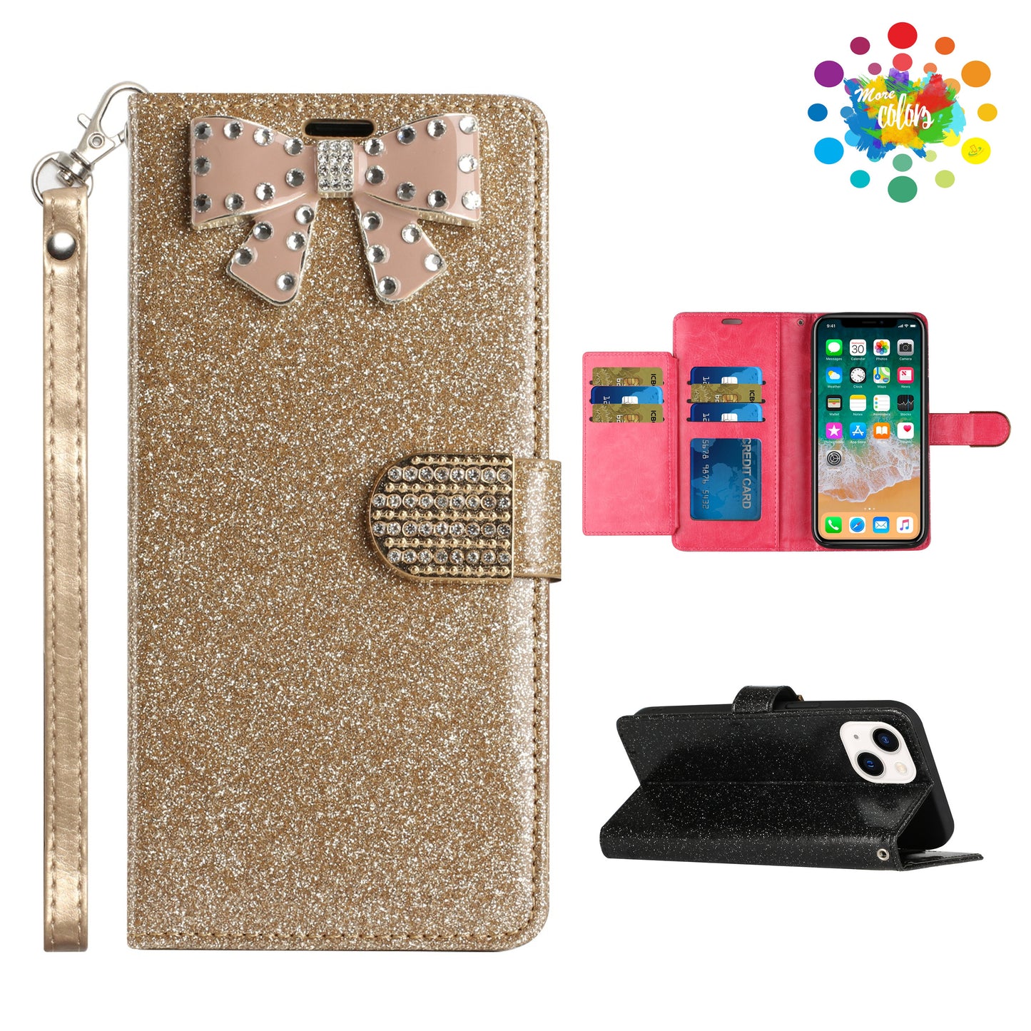 For Apple iPhone 14 Pro (6.1") Wallet Bow Glitter Bling Ornament Shimmer with Credit Card Slot Pocket & Lanyard Strap  Phone Case Cover