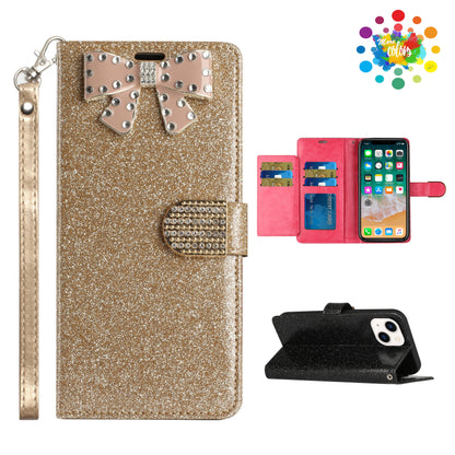 For Apple iPhone 14 Pro (6.1") Wallet Bow Glitter Bling Ornament Shimmer with Credit Card Slot Pocket & Lanyard Strap  Phone Case Cover