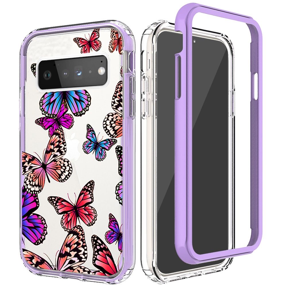 For Apple iPhone 14 Plus (6.7") Beautiful Design 3in1 Hybrid Triple Layer Armor Hard PC Plastic Rubber Frame Purple Butterfly Phone Case Cover
