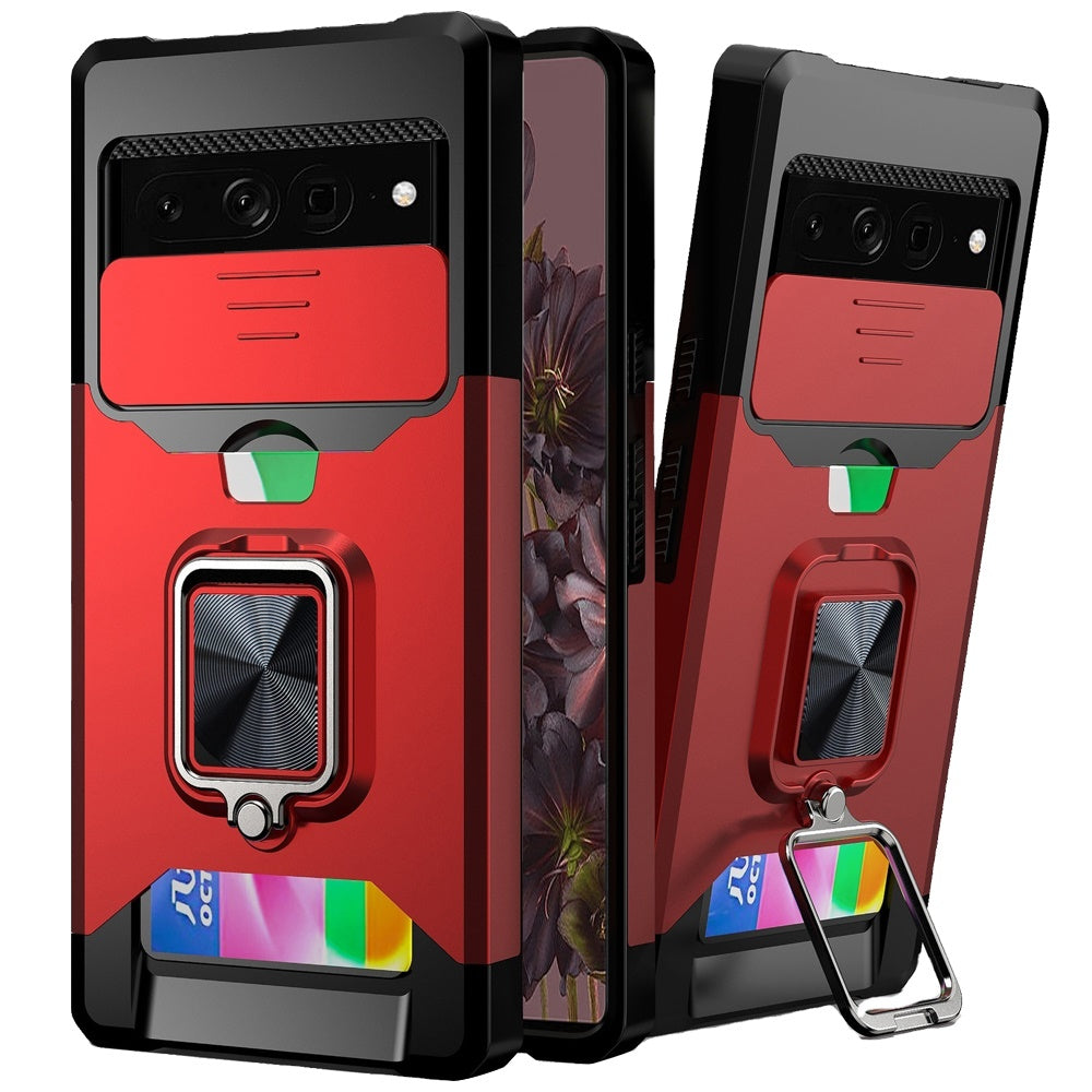 For Google Pixel 7/ 7 Pro Wallet Case with Ring Stand & Slide Camera Cover Credit Card Slot Holder, Military Grade Hard  Phone Case Cover