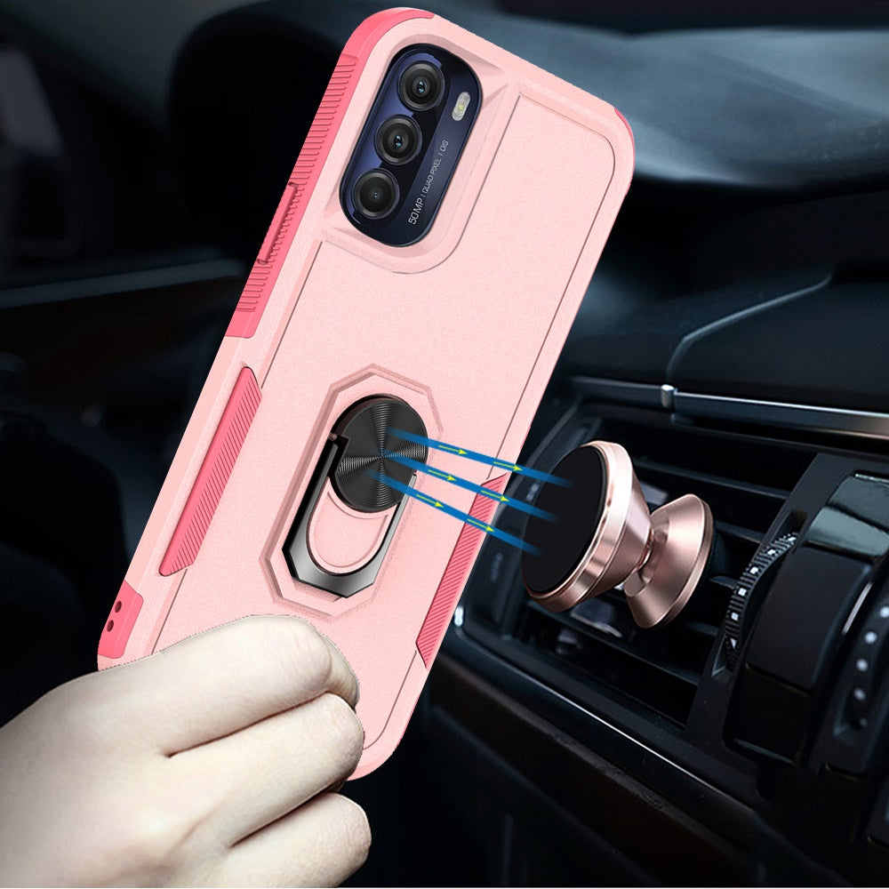 For Apple iPhone 14 Pro (6.1") Hybrid Rugged Hard Drop-Proof 3 Layer Protection Military Grade Armor Metal Ring Stand Pink Phone Case Cover