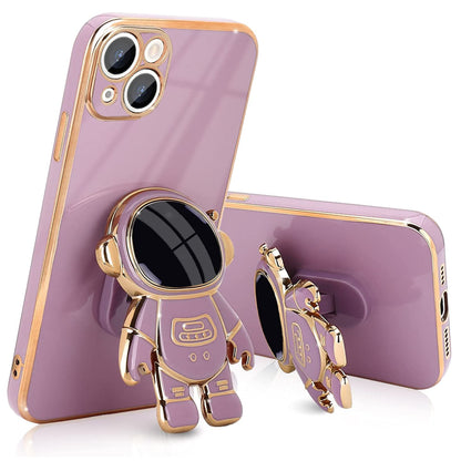 For Apple iPhone 14 /Plus Pro Max Astronaut Hidden Stand Holder Plating Hybrid Electroplated Bumper Shockproof Armor Cute  Phone Case Cover
