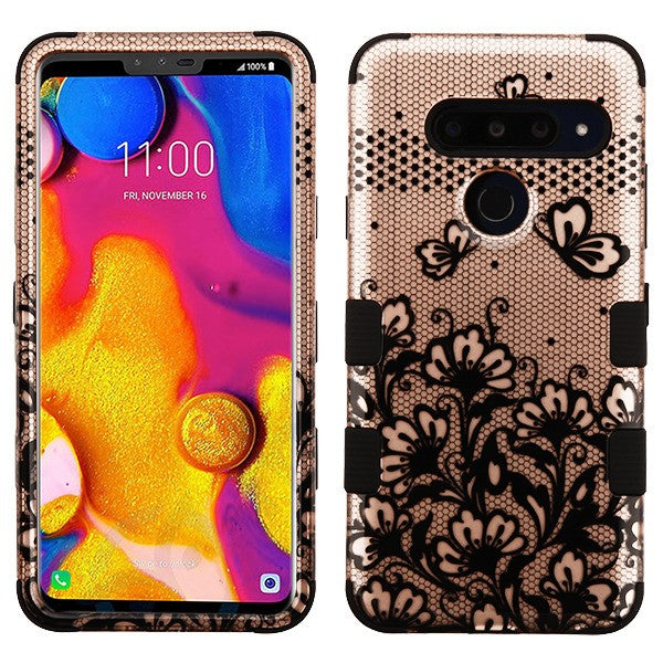 For LG V40 ThinQ Hybrid Three Layer Hard PC Shockproof Heavy Duty TPU Rubber Anti-Drop Rose Gold Lace Flowers Phone Case Cover