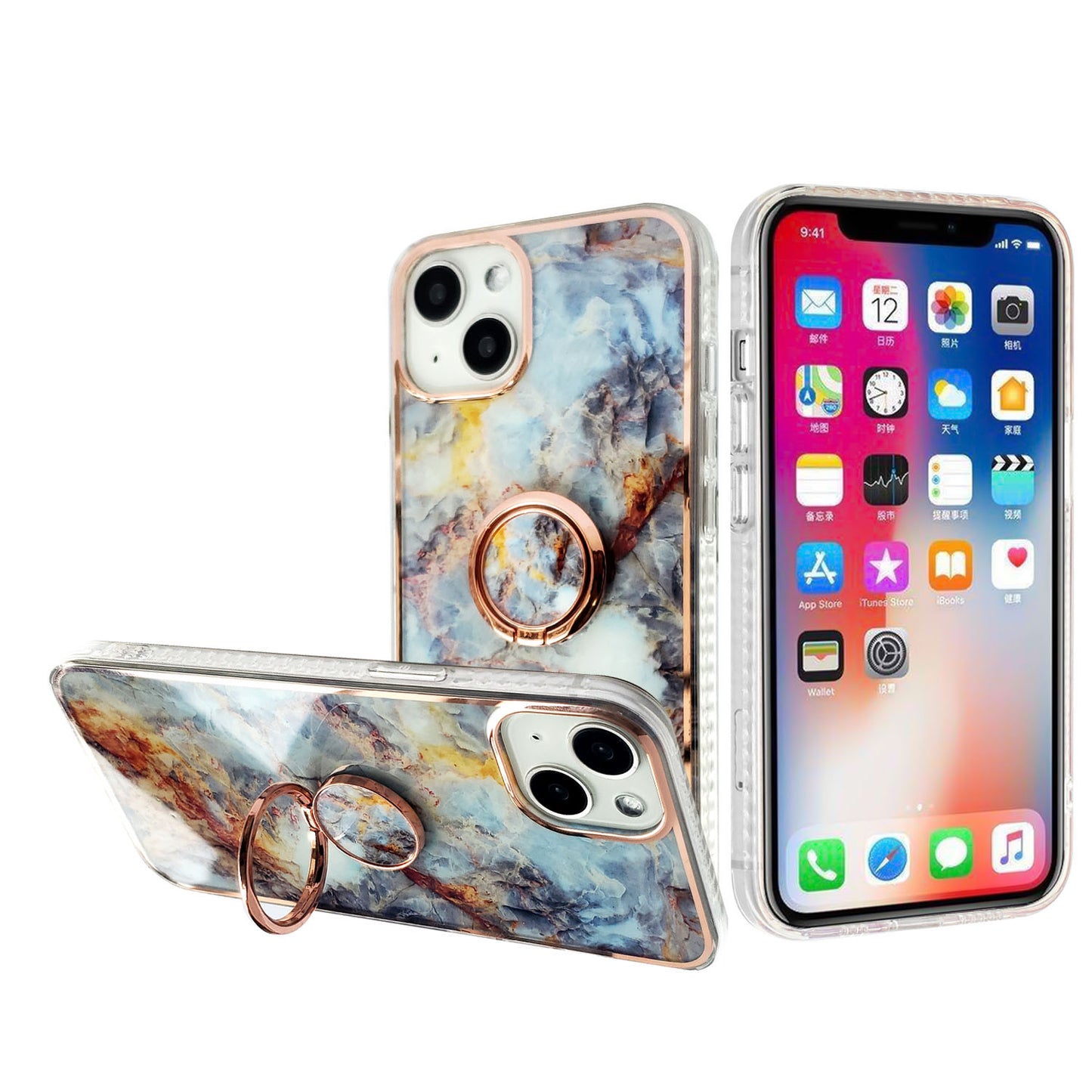 For Apple iPhone 14 Pro Max (6.7") Pattern Fashion Design Chromed Edge IMD with Ring Kickstand Hybrid Hard Back  Phone Case Cover