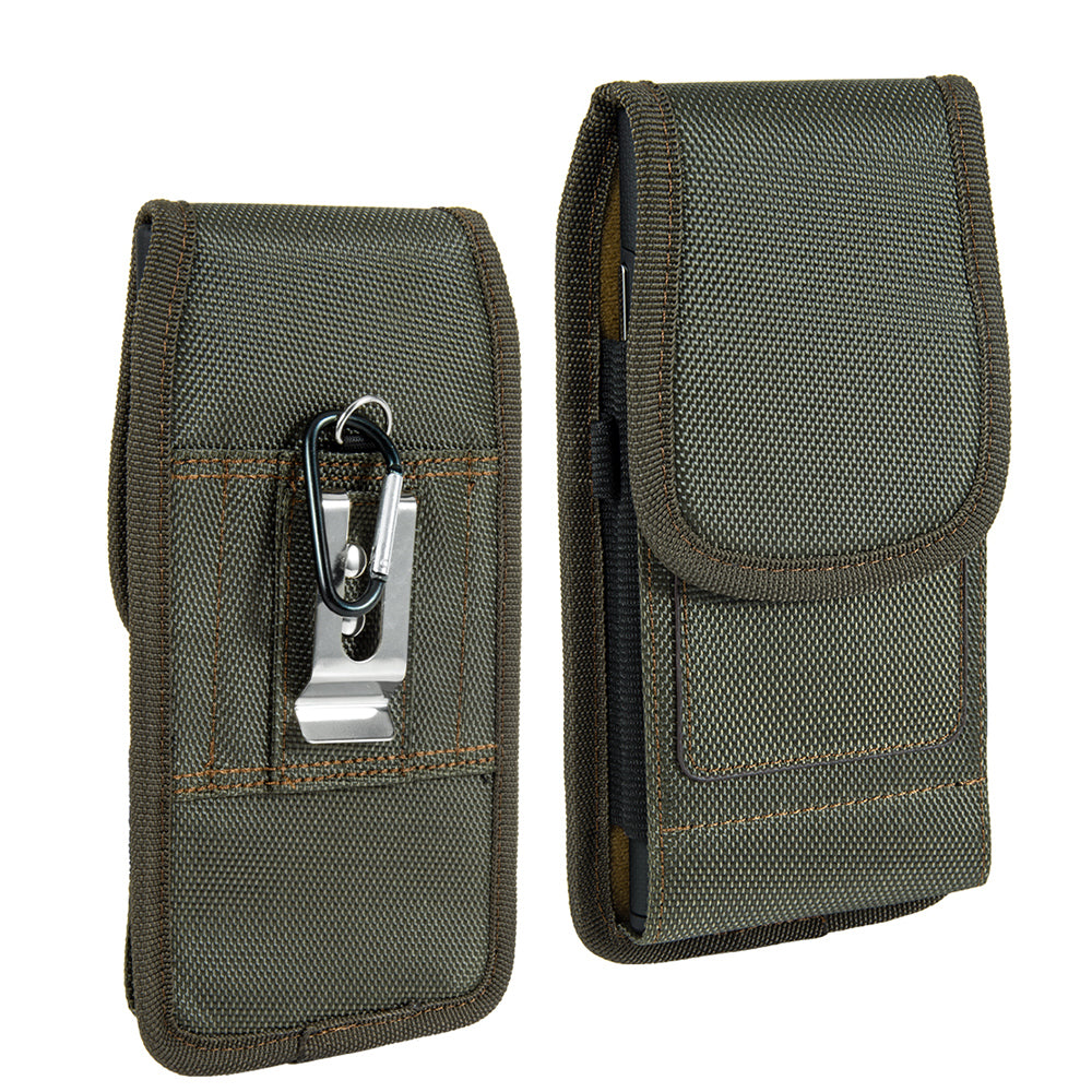 For Samsung Galaxy A23 5G Universal Nylon Pouch Case Vertical Phone Holster with Dual Card Slots, Pen Holder, Belt Clip Loop & Hook Cover [Green]