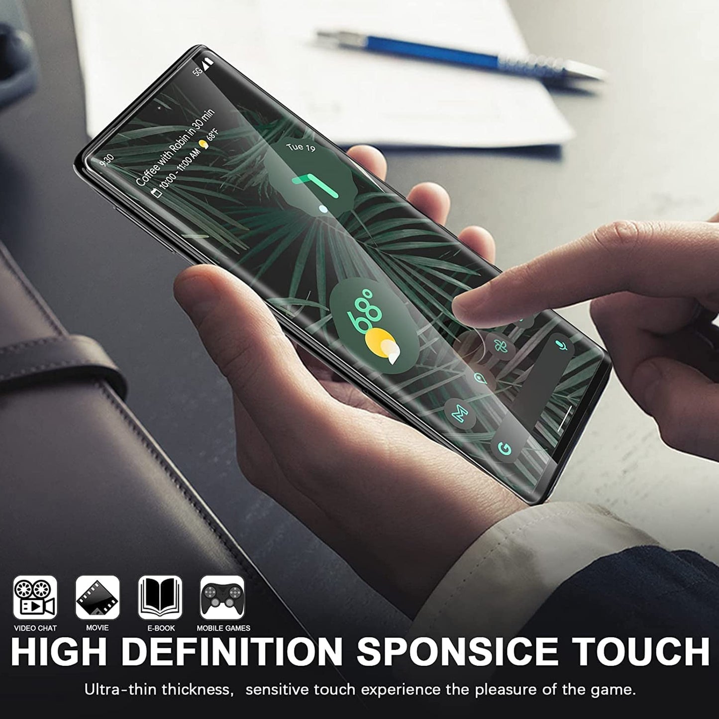 For Google Pixel 6 Pro Premium Tempered Glass Screen Protector Designed to allow full functionality Fingerprint Unlock 3D Curved Edge Glass Full coverage Clear Black Screen Protector