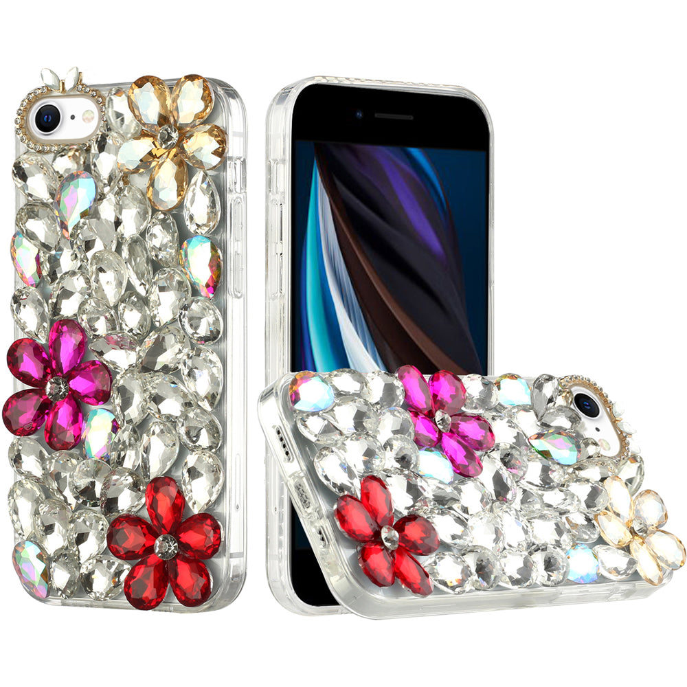 For Apple iPhone SE 3 (2022) SE/8/7 Bling Clear Crystal 3D Full Diamonds Luxury Sparkle Rhinestone Hybrid Gold/ Pink/ Red Phone Case Cover