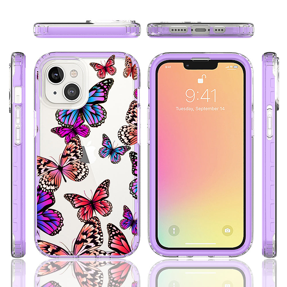 For Apple iPhone 14 Plus (6.7") Beautiful Design 3in1 Hybrid Triple Layer Armor Hard PC Plastic Rubber Frame Purple Butterfly Phone Case Cover