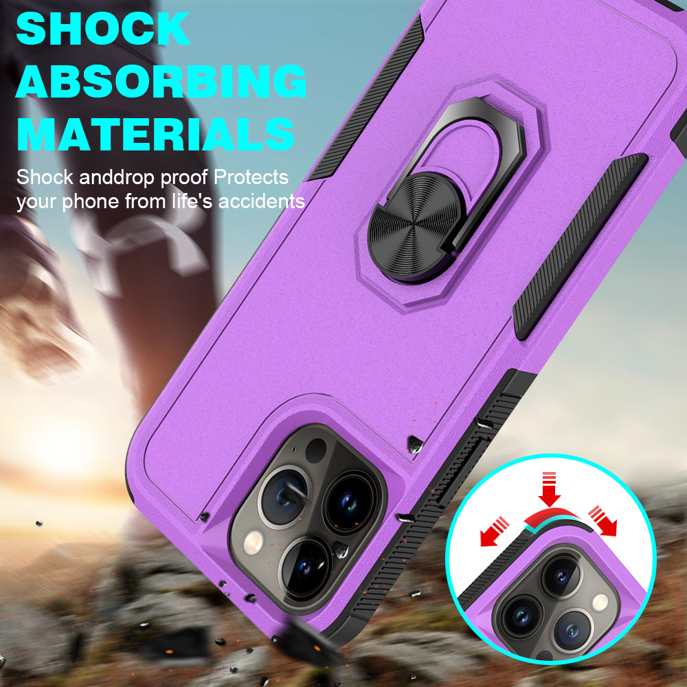For Apple iPhone 14 Pro (6.1") Hybrid Rugged Hard Drop-Proof 3 Layer Protection Military Grade Armor Metal Ring Stand Purple Phone Case Cover