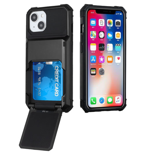 For Apple iPhone 14 Pro (6.1") Multiple Wallet Hidden Credit Card Holder (Upto 5 Cards) Shockproof Hybrid Armor Durable Black Phone Case Cover