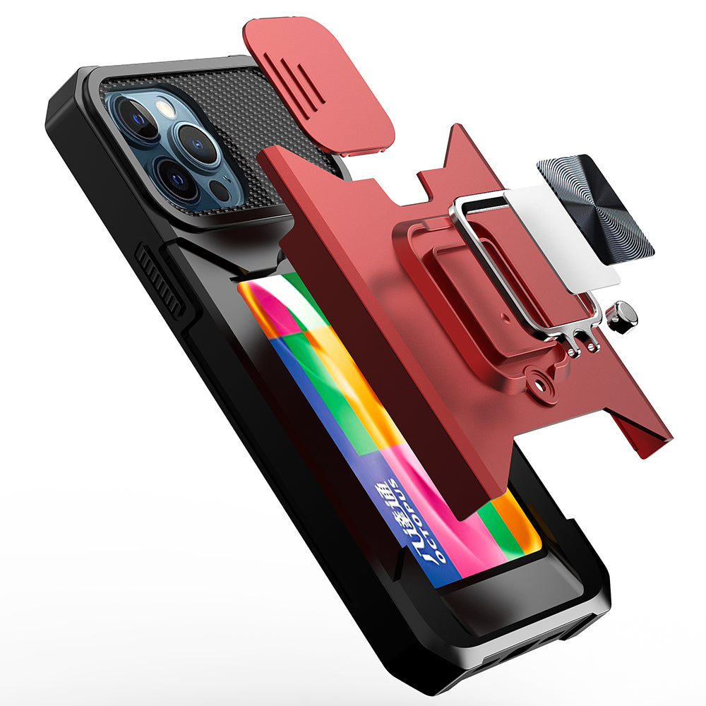 For Apple iPhone 14 Pro (6.1") Wallet Case with Ring Stand & Slide Camera Cover Credit Card Slot Holder, Military Grade Red Phone Case Cover