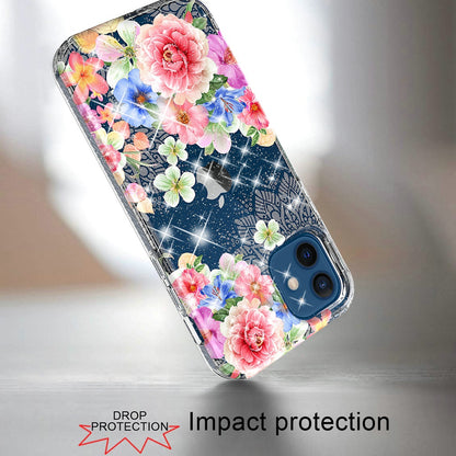 For Apple iPhone XR Stylish Slim Hybrid Shiny Glitter Clear Floral Pattern Bloom Flower Design TPU Gel Hard PC Back  Phone Case Cover