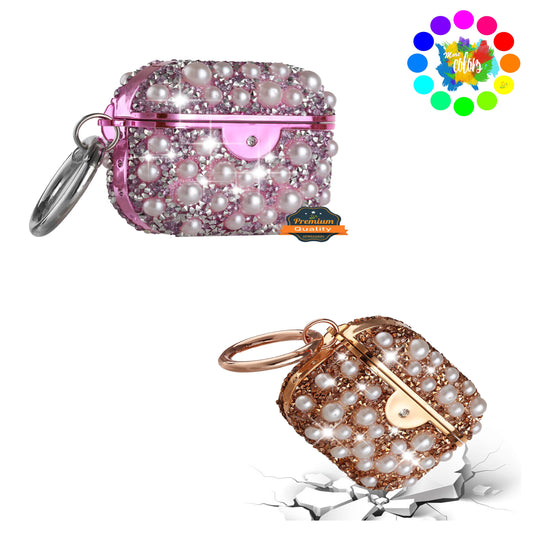 For Apple AirPods 2 & 1 Pearl Diamond Glitter Hybrid Bling Crystal Rhinestone Protective Accessories with Keychain  Phone Case Cover