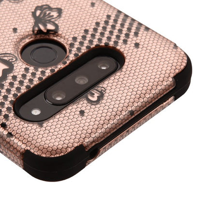 For LG V40 ThinQ Hybrid Three Layer Hard PC Shockproof Heavy Duty TPU Rubber Anti-Drop Rose Gold Lace Flowers Phone Case Cover