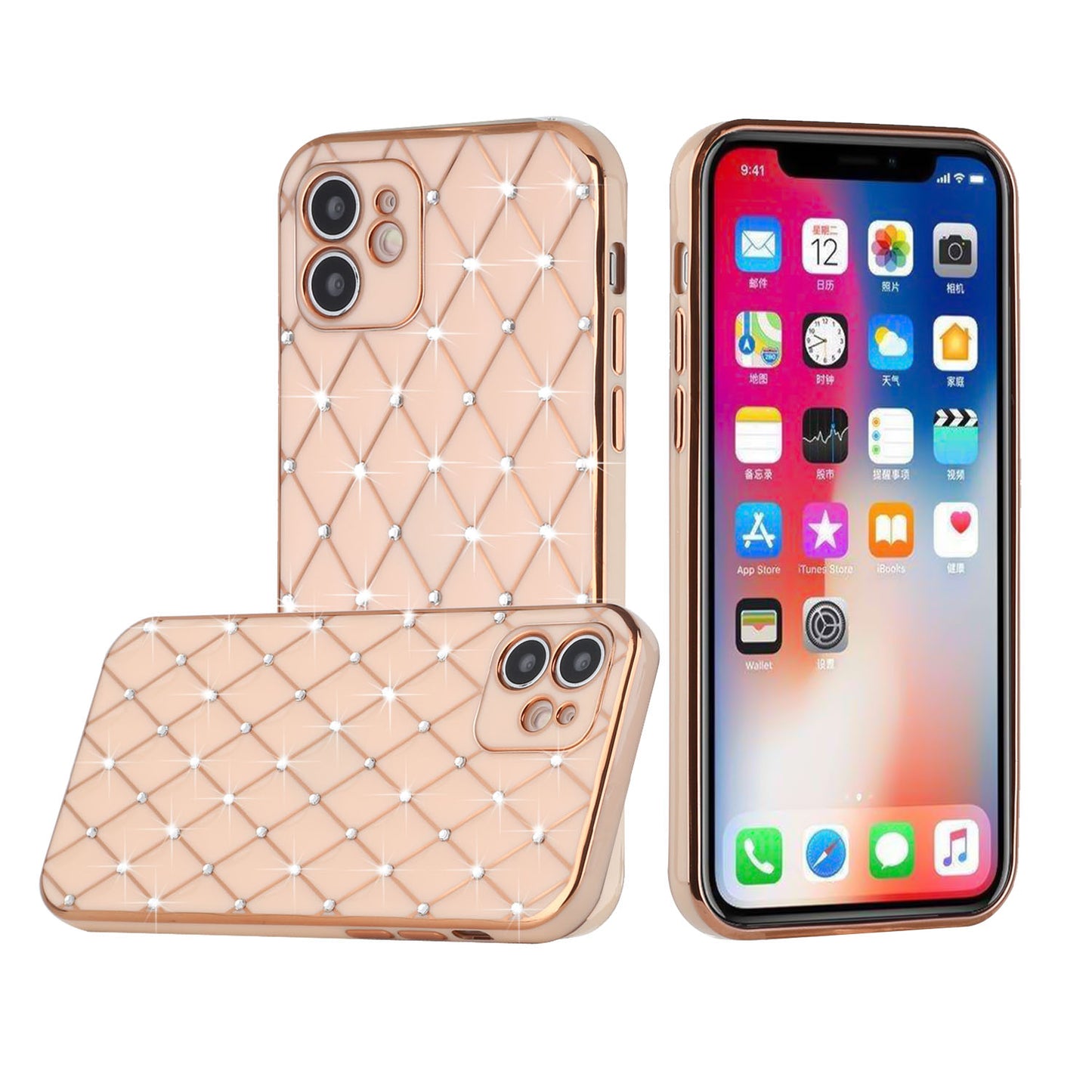 For Apple iPhone 14 Pro (6.1") Luxury Diamonds on Electroplated Grid Design Rhinestone Protective TPU Hard PC  Phone Case Cover
