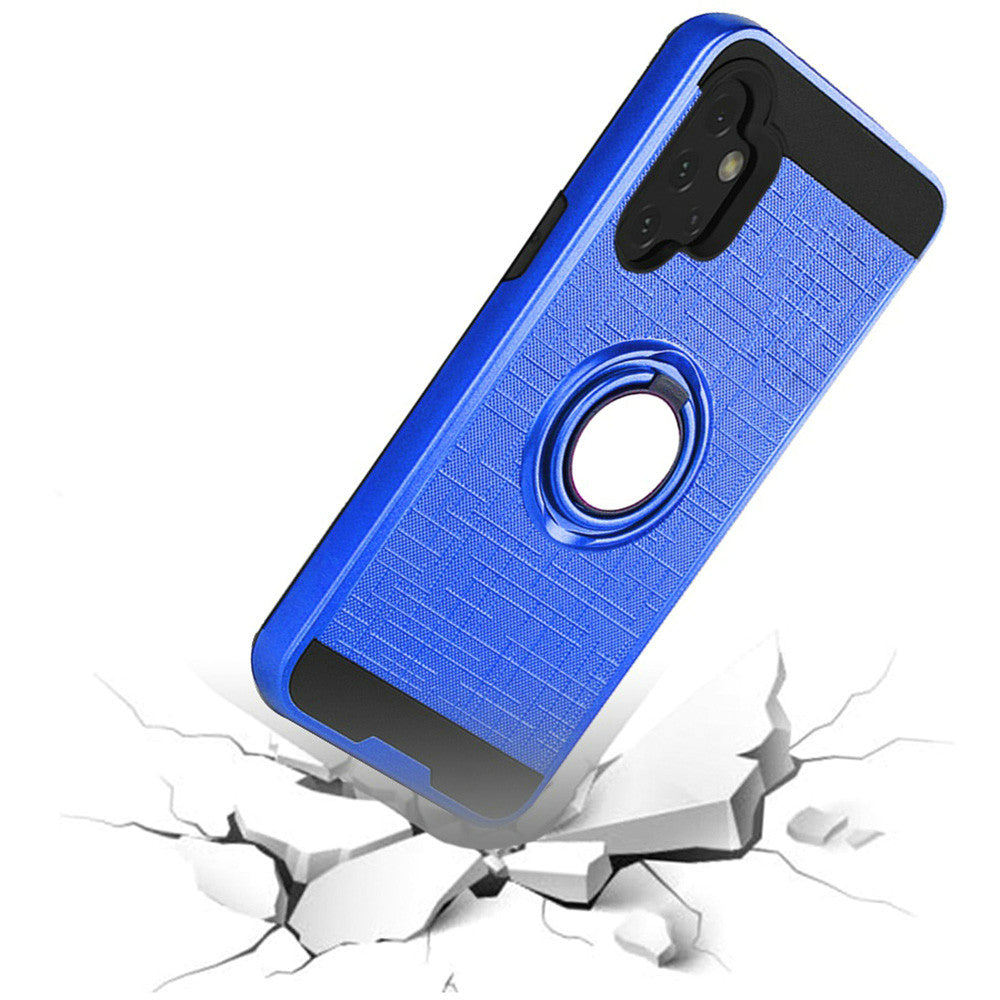 For Apple iPhone 13 Pro (6.1") Hybrid Ring Stand Brushed with 360 Rotating Ring Magnetic Bracket Dual Layer TPU Armor Texture Rugged  Phone Case Cover