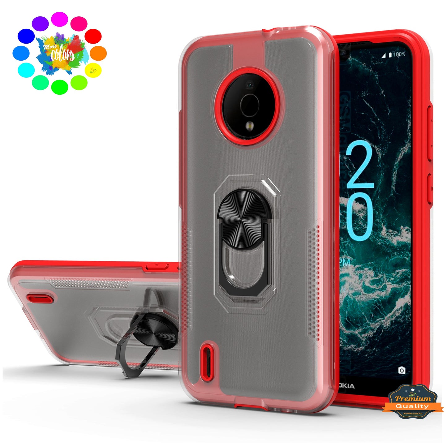 For Nokia C200 Clear Transparent Armor Rugged Defender Shockproof Hybrid with Ring Holder Kickstand  Phone Case Cover