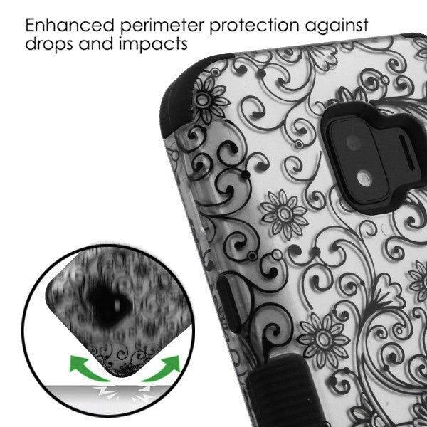 For Samsung Galaxy J2 /J2 Core/J2 Dash/J2 Pure Hybrid Three Layer Hard PC Shockproof Heavy Duty TPU Rubber Anti-Drop Black Lace Flowers Phone Case Cover