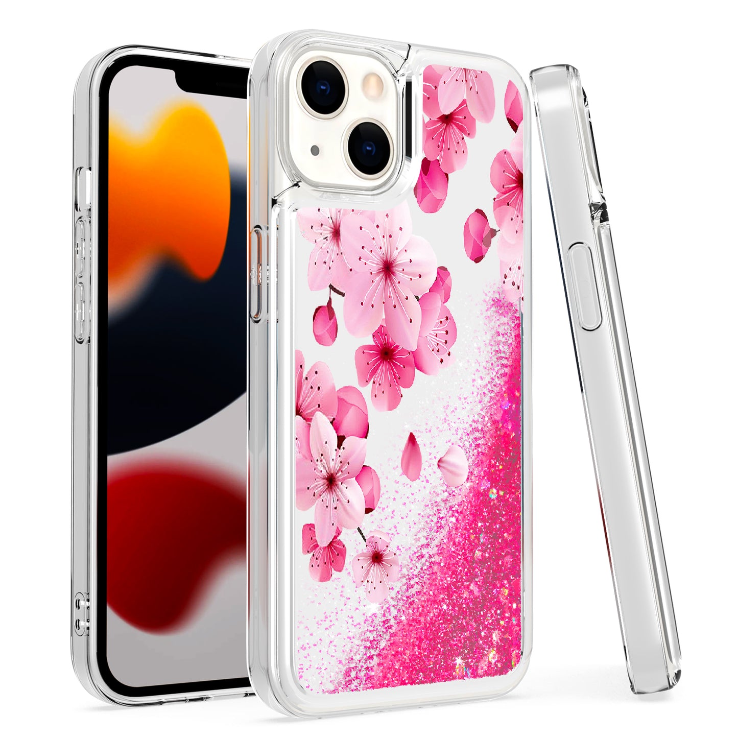 For Apple iPhone 14 Pro Max (6.7") Floral Design Quicksand Water Flowing Liquid Floating Sparkle Colorful Hybrid  Phone Case Cover