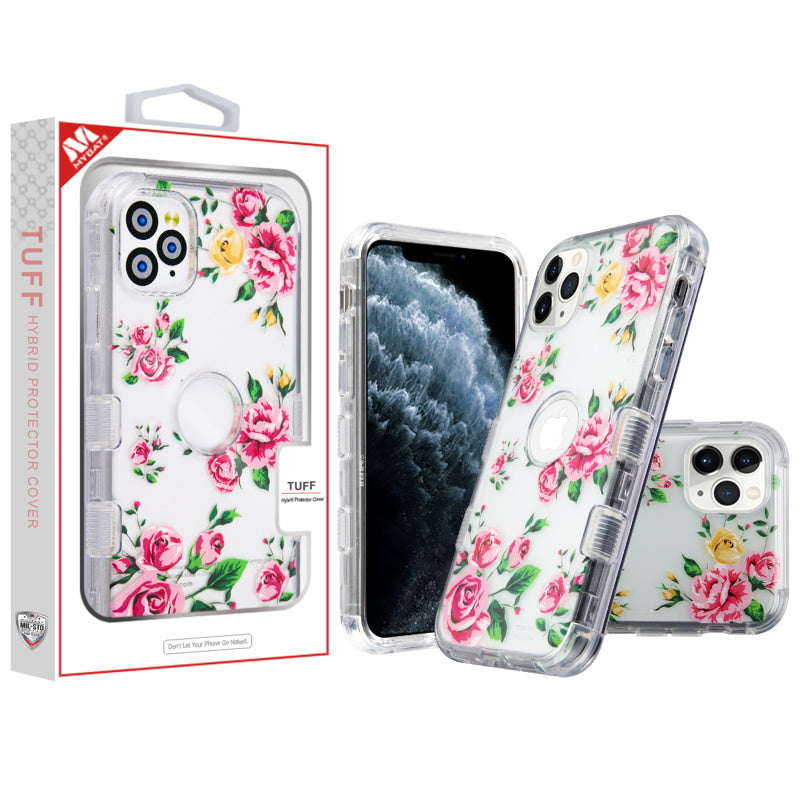 For Apple iPhone 11 Pro Hybrid Dual Layer Transparent Flower Design Hard PC Cases Shockproof TPU Rugged Pink Roses Phone Case Cover