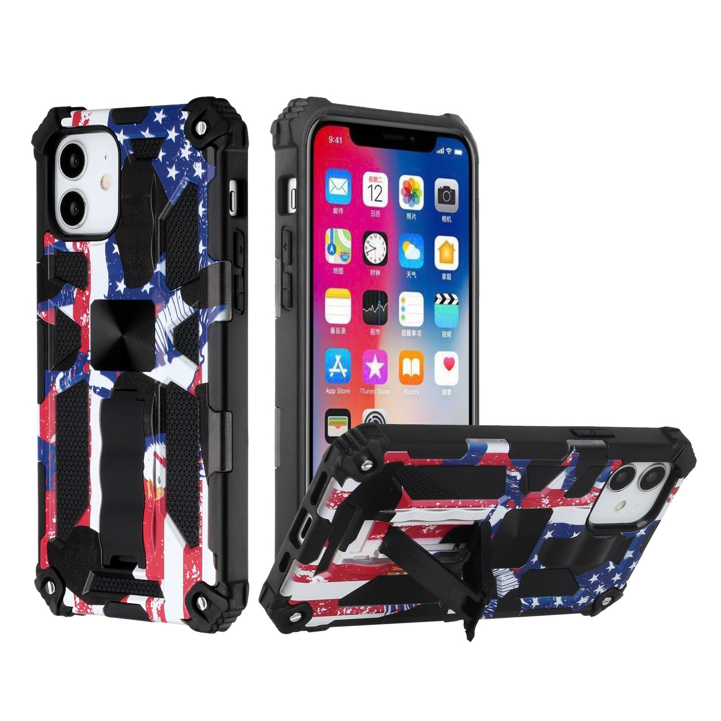 For Apple iPhone 14 Pro (6.1") Heavy Duty Hybrid Fold Slide Kickstand [Military Grade] Rugged Magnetic Car Mount Stand American Flag USA Phone Case Cover