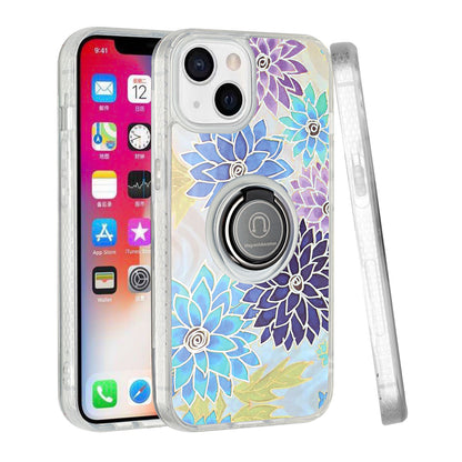 For Apple iPhone 11 (6.1") Flower Pattern IMD Design with Ring Kickstand Hybrid TPU Hard Back Shockproof  Phone Case Cover